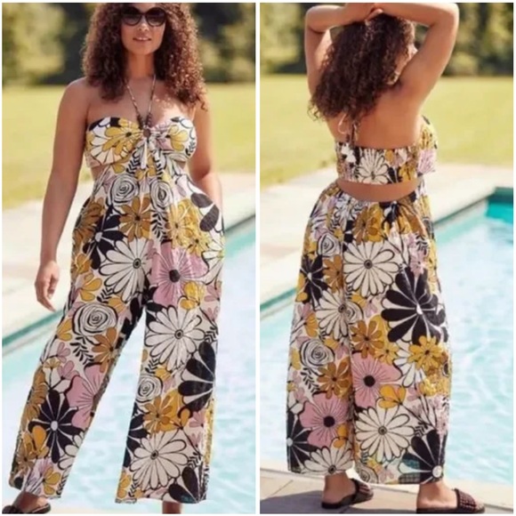 Anthropologie Kenzie Parrott Beaded Floral Smocked Jumpsuit Sz S - Picture 1 of 16